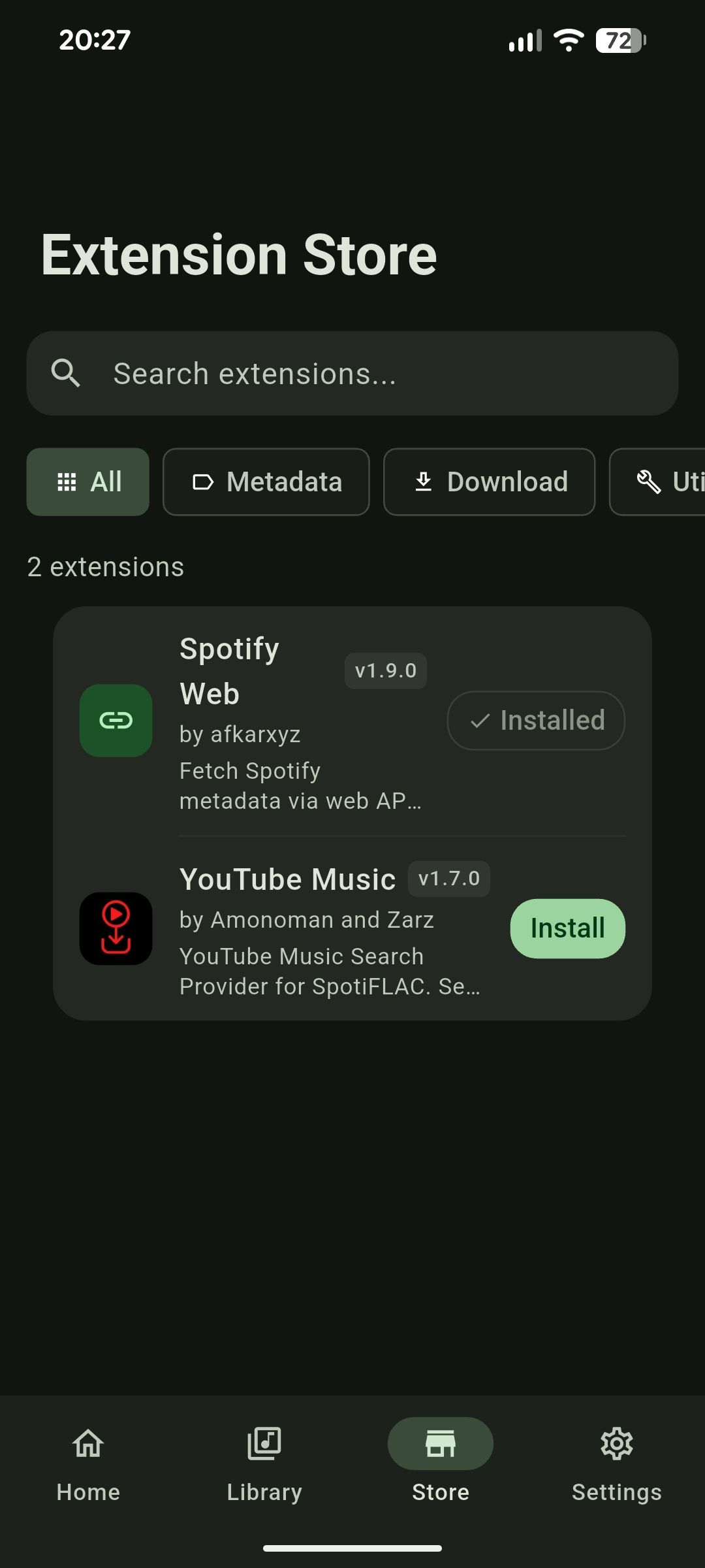 SpotiFLAC Mobile library view displaying downloaded tracks with 16-bit and 24-bit quality badges